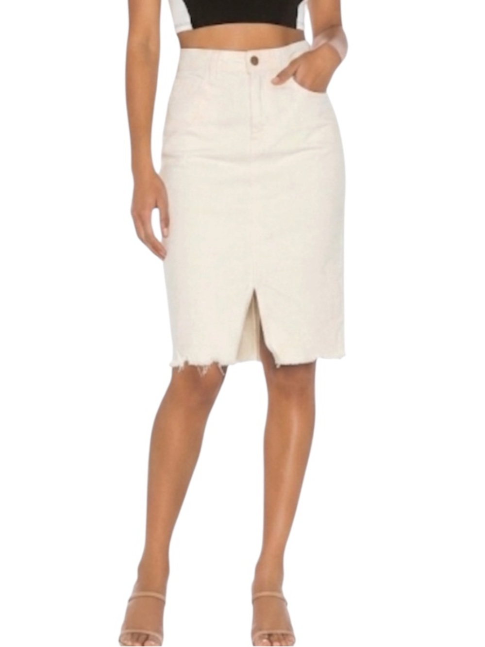 NSF Emmie Soft White Denim Midi Skirt Women Raw Hem Size 26⁠
II